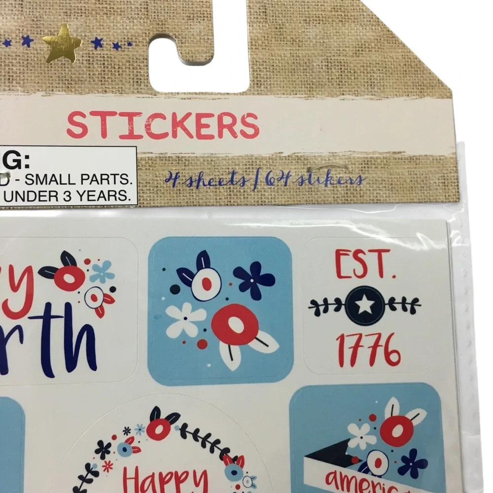 America Patriotic July 4th Stars Stripes Floral Stickers 8 Sheets 128 Total NEW